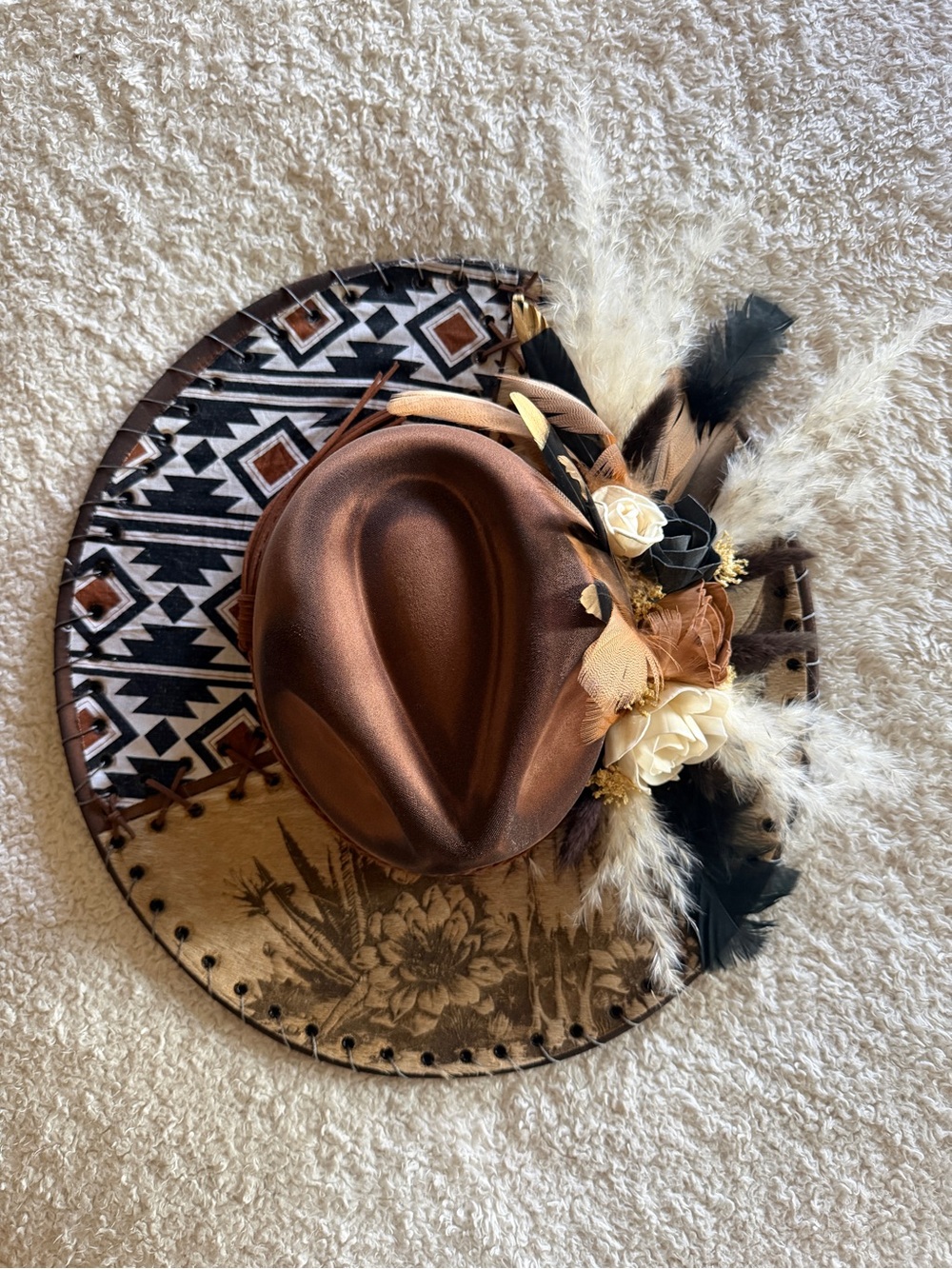 Women's Brown Western Feather Trim Hat with Floral Accents